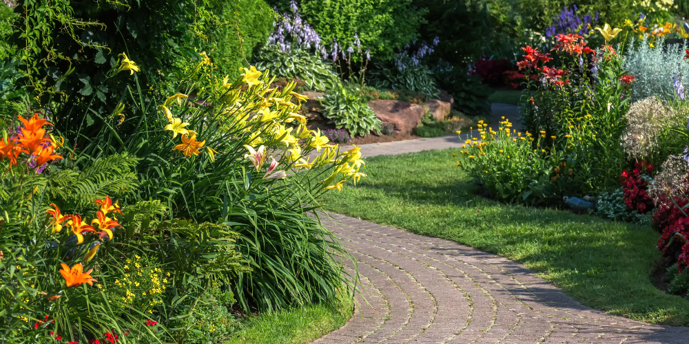 Salisbury Landscaping-Sherwood Park-Alberta-low maintenance landscaping-garden border with perennials and winding path 